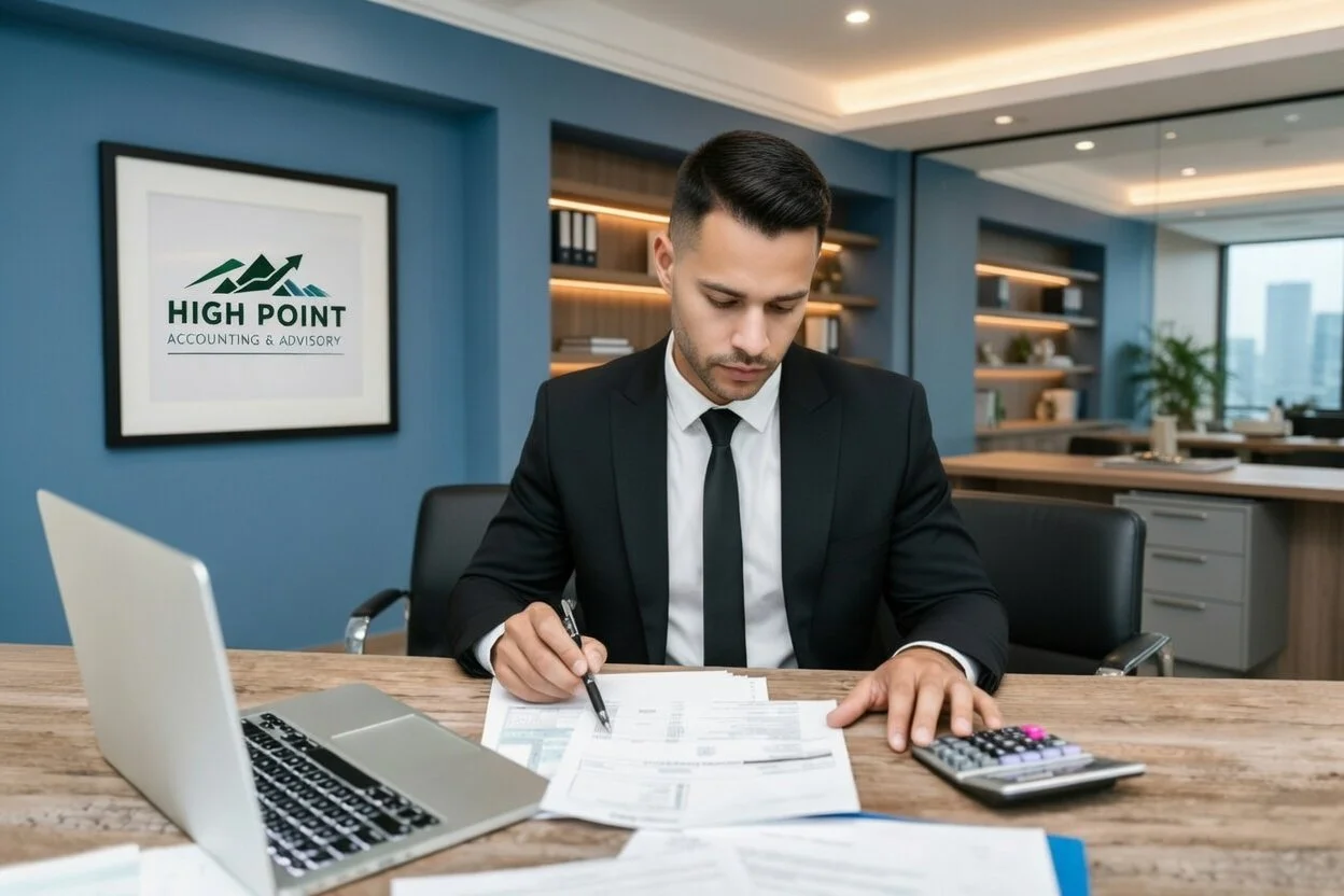 High Point Accounting & Advisory professional reviewing financial statements and cash flow reports in a modern office.