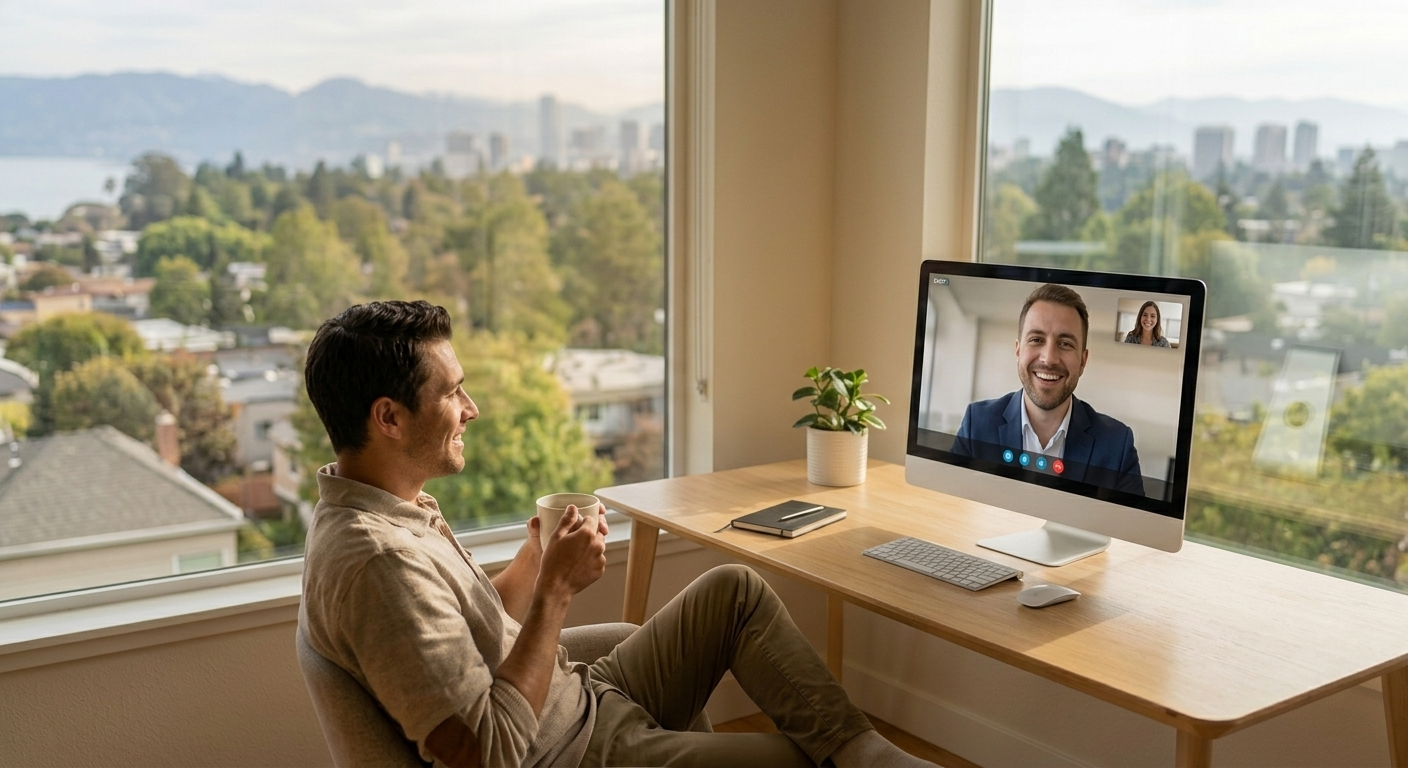 A relaxed business professional at a home office desk, holding a coffee mug and smiling during a video consultation with a financial advisor on a desktop computer.