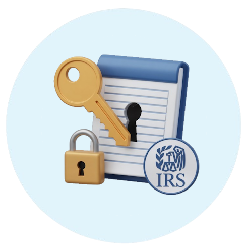 3D icon featuring a golden key, lock, and IRS seal, representing secure tax document storage and total regulatory compliance.