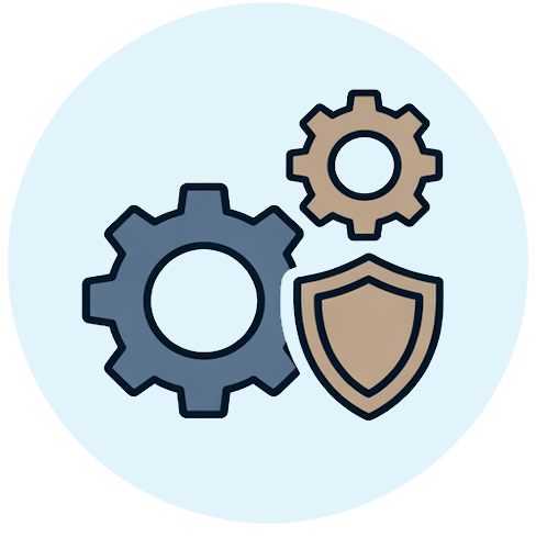 Graphic showing interconnected gears and a document with a checkmark, representing streamlined, verified records.