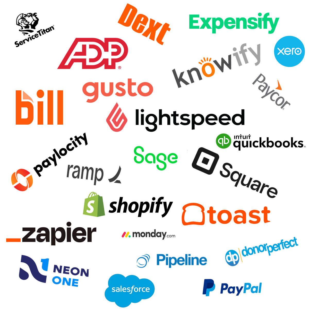 A collage of accounting, payroll, and business software logos including QuickBooks, Xero, Gusto, ADP, and Bill, representing integrated bookkeeping technology solutions.