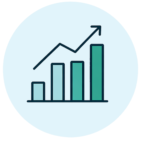 Light blue circular icon featuring an upward-trending bar graph and a rising arrow, representing financial growth and dynamic forecasting.