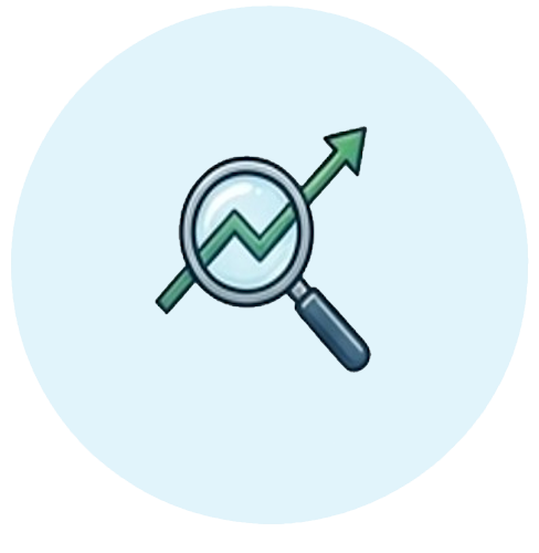 Magnifying glass and rising arrow icon for business trend analysis and financial growth patterns.