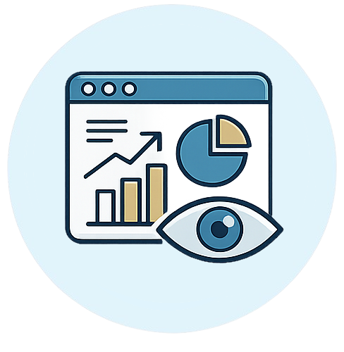 Icon of a computer screen with a magnifying glass and dollar signs, representing real-time financial oversight.