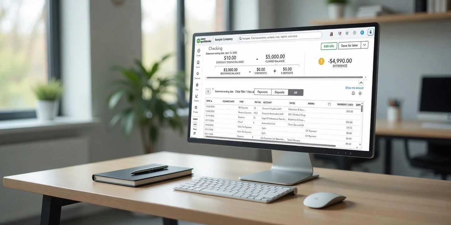 A professional workstation showing a QuickBooks Online bank reconciliation screen with a -$4,990 balance, demonstrating the importance of accurate bookkeeping.