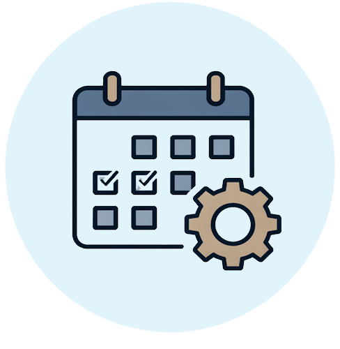 Icon of a calendar with a document and a bar chart, symbolizing periodic impact and data tracking.