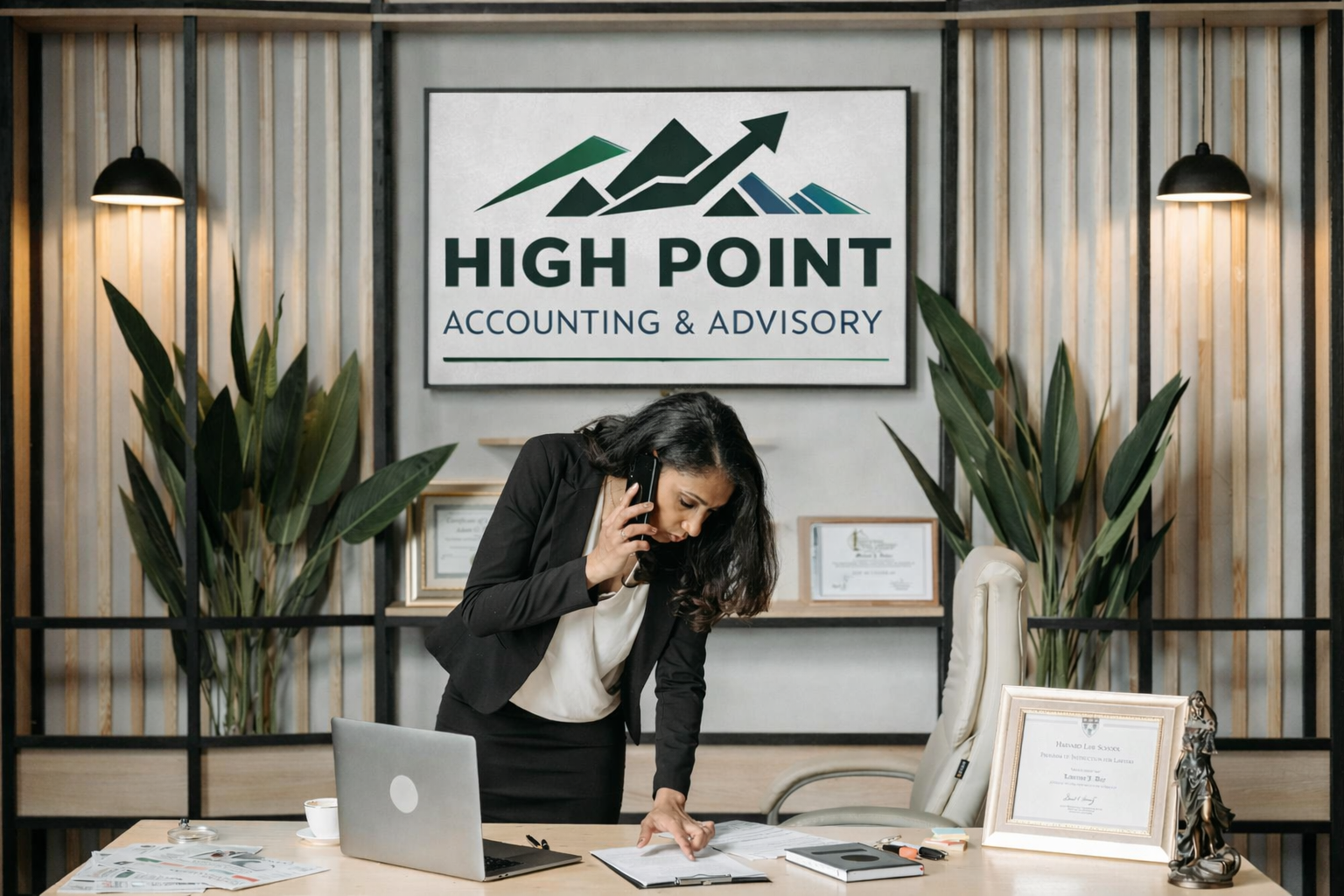 Bookkeeper at High Point Accounting & Advisory reviewing financial documents while on a client call in a professional office setting.