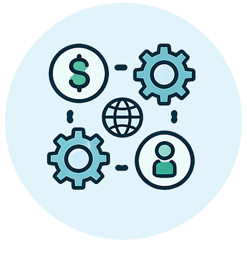 Light blue circular icon showing a dollar sign connected to gears and a human figure, symbolizing the integration of people and processes in budget management.