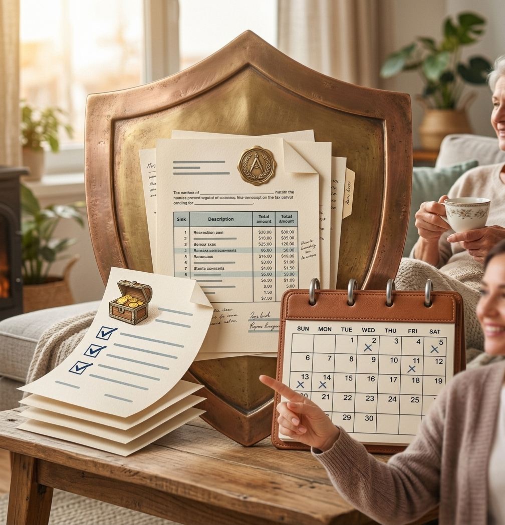 A protective shield over tax documents and a calendar, symbolizing audit-ready books and deadline management.