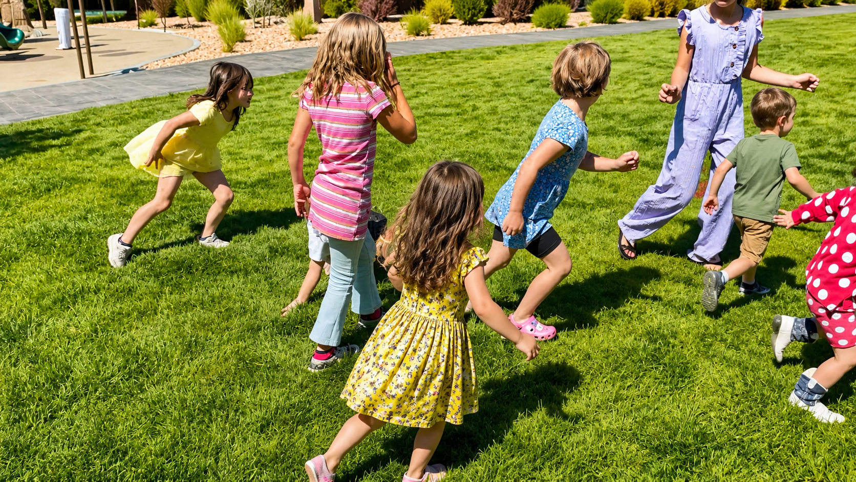 Group of children playing on a grassy lawn with a playground in the background.