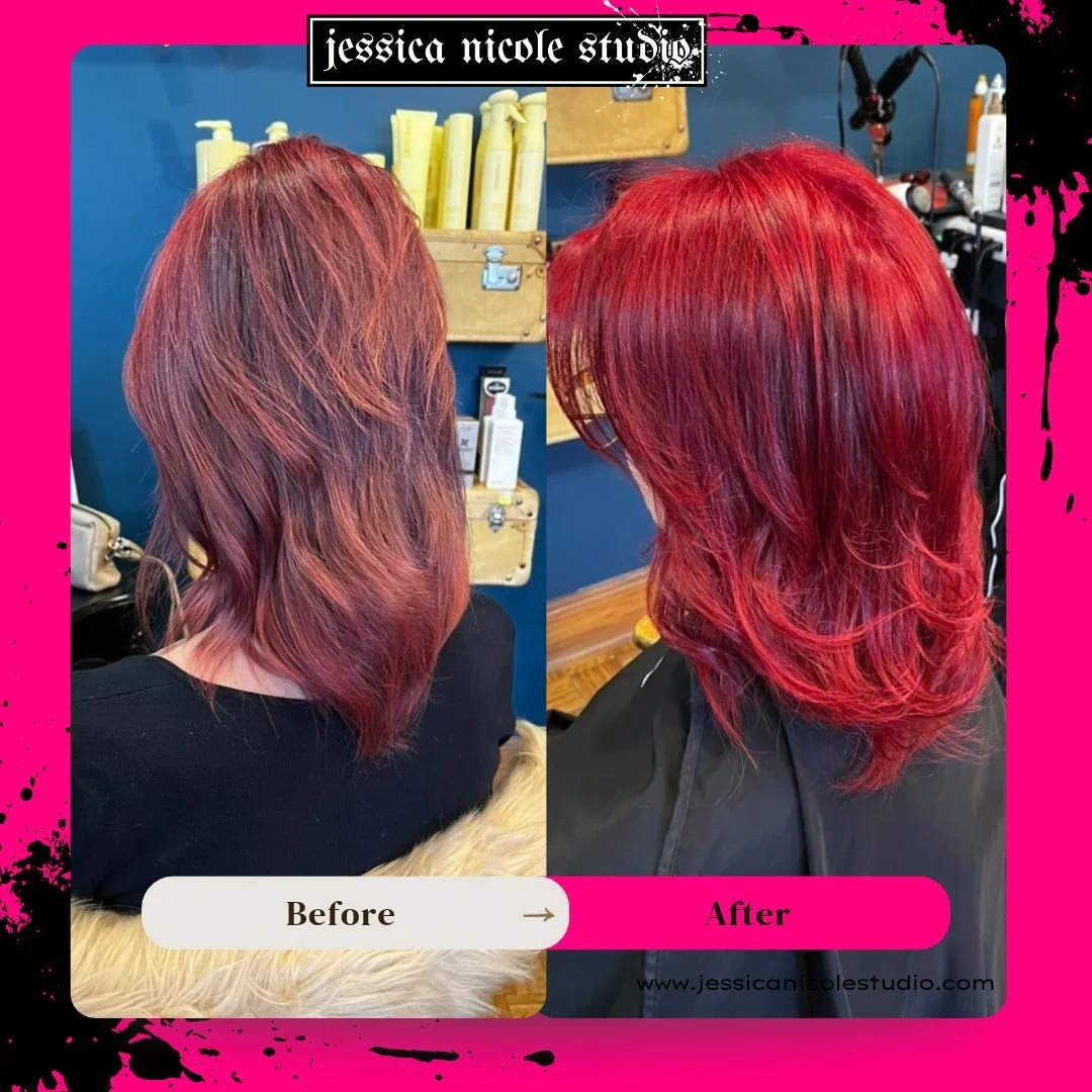 Before-and-after photo of layered shoulder-length red hair transformation, with muted burgundy waves before and vivid cherry-red layers after.