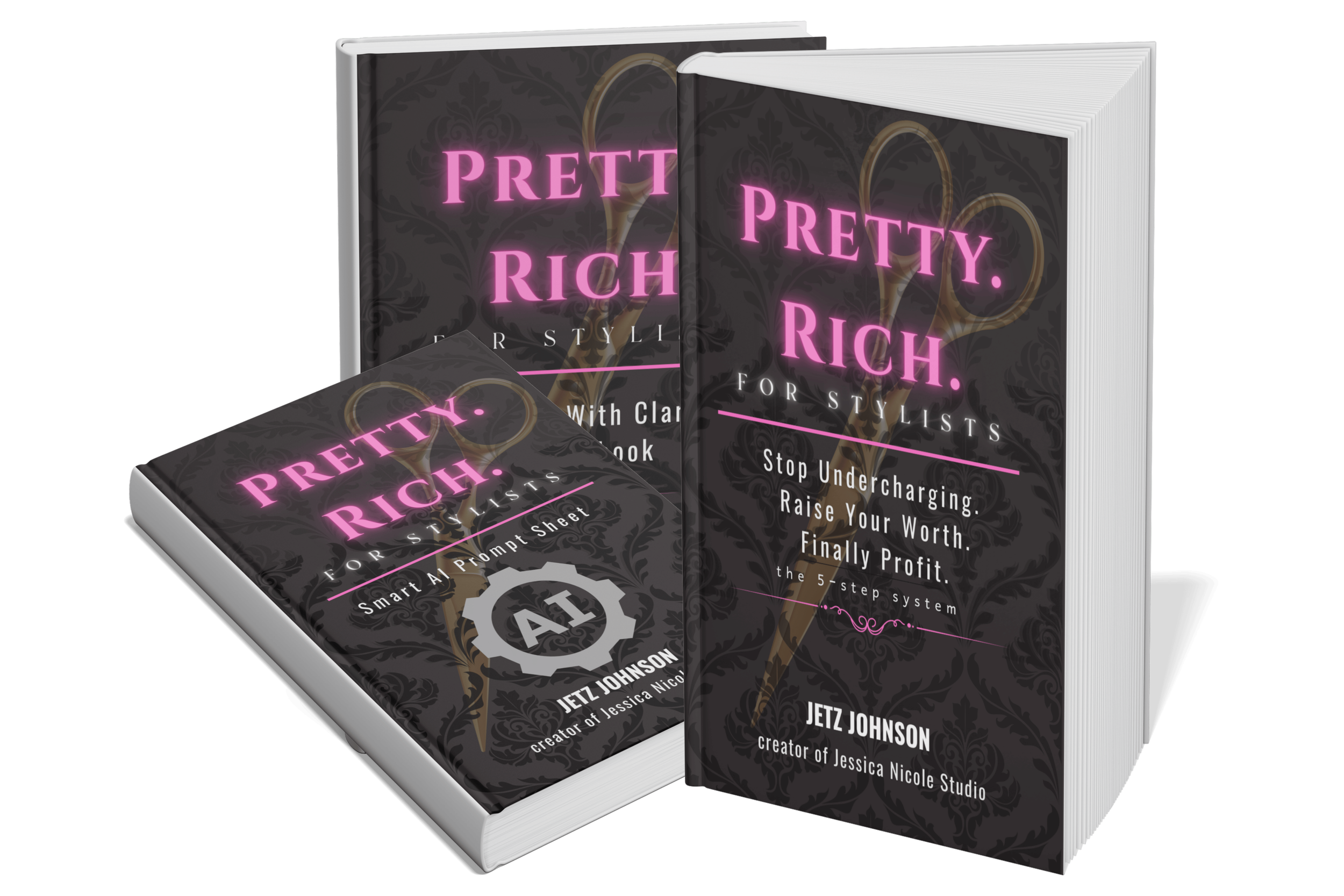 Three copies of the book “Pretty Rich: For Stylists” by Jetz Johnson, featuring dark damask covers with pink lettering.