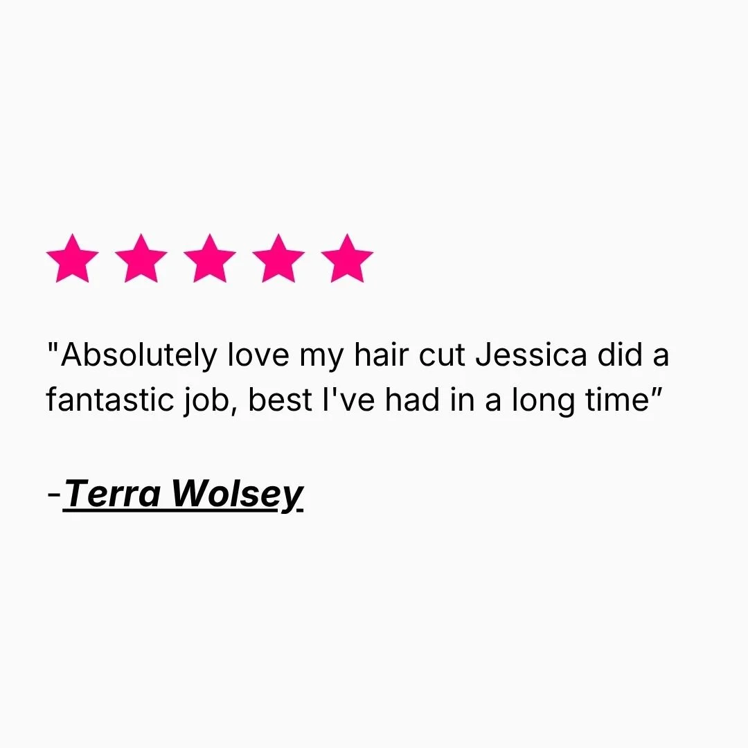 Five-star review from Terra Wolsey describing her haircut as the best she has had in a long time.
