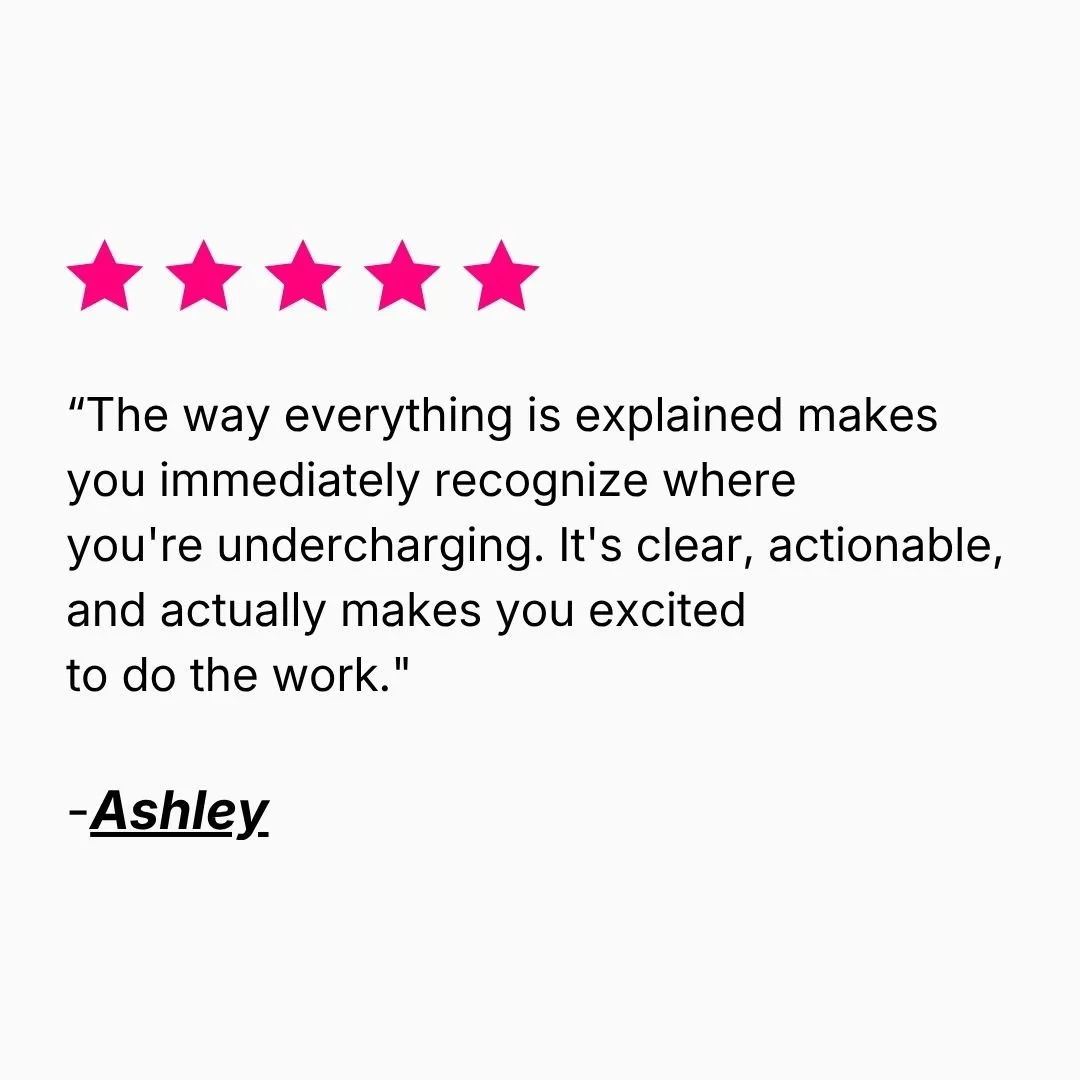 Five pink stars above a testimonial quote from Ashley praising clear, actionable explanations that inspire action.
