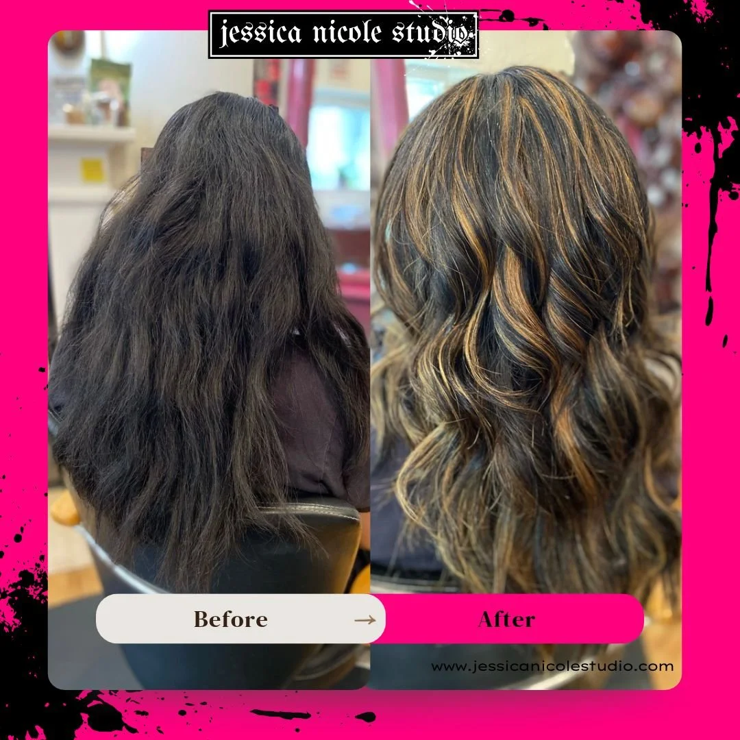 Before-and-after salon hairstyle transformation showing long dark hair changed to voluminous wavy brunette hair with caramel highlights.