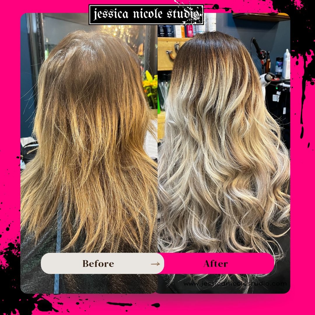 Before-and-after blonde hair transformation showing brassy straight hair changed to cool-toned ash blonde balayage with long, voluminous waves at Jessica Nicole Studio.