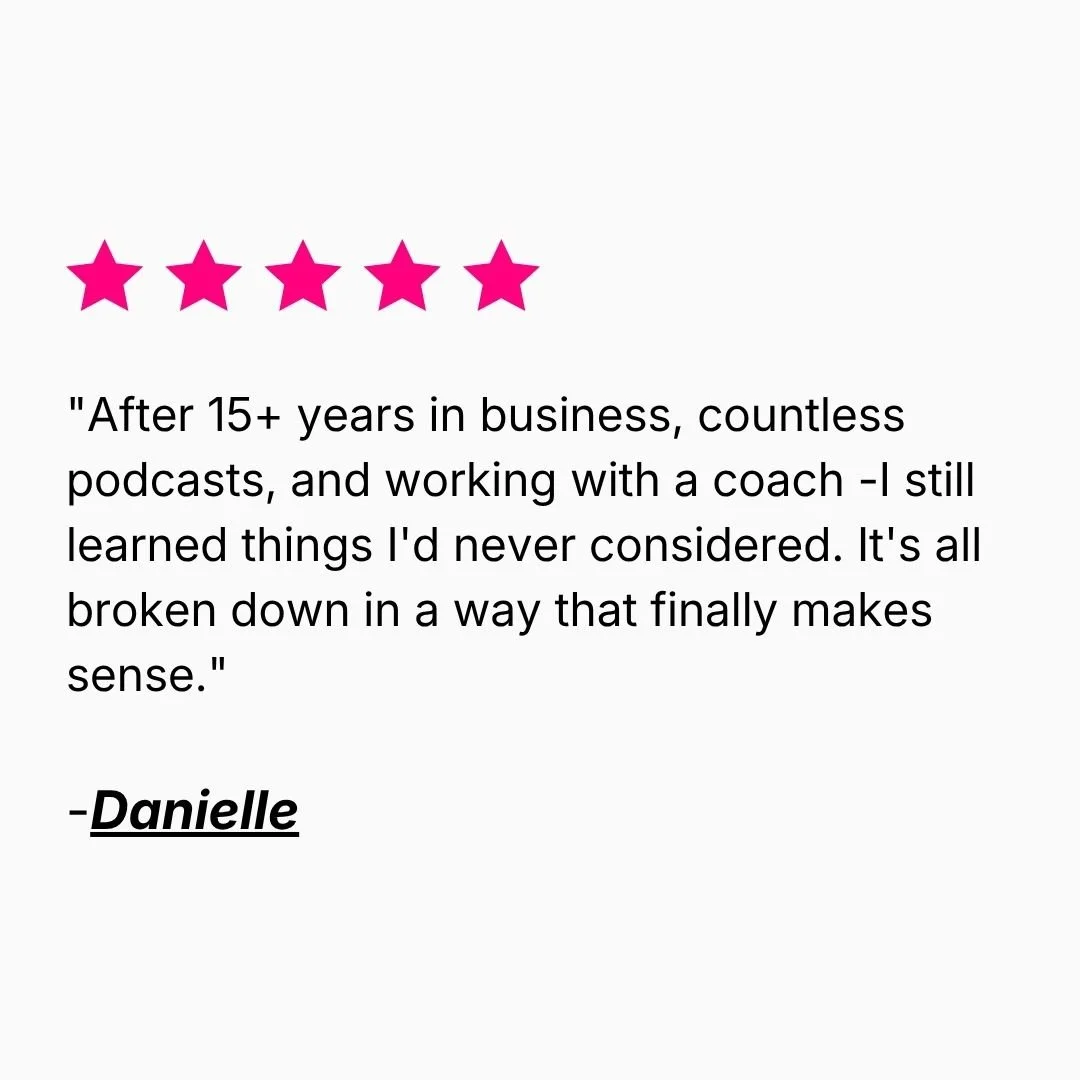Five pink stars above a testimonial from Danielle praising a coach after 15-plus years in business.