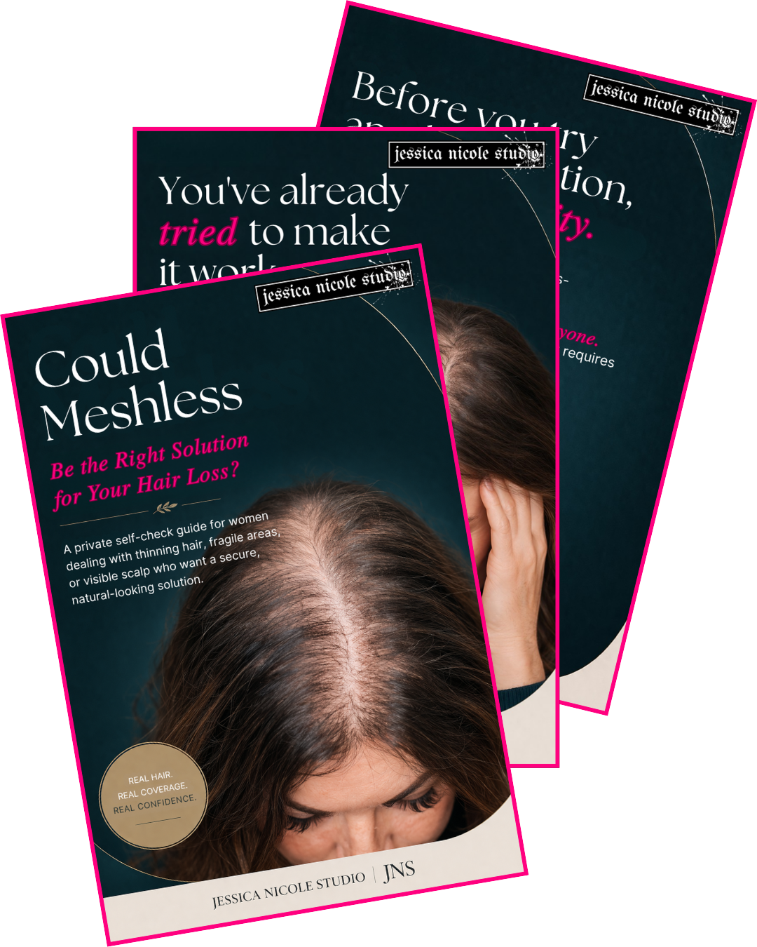 Promotional guide cover about hair loss solutions for women with thinning hair, featuring a woman with a visible thinning crown and bright pink graphic accents.