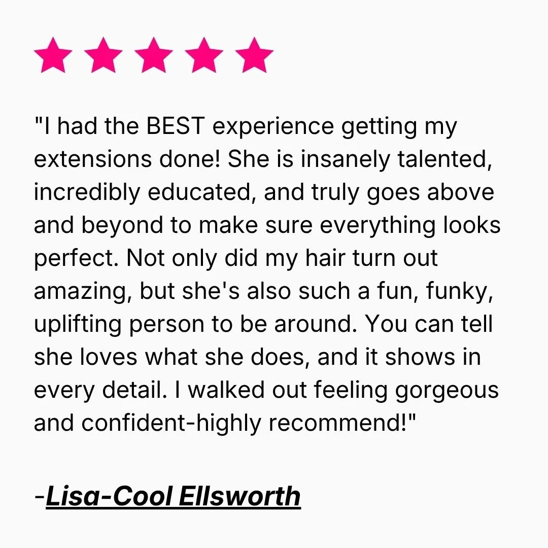 Five-star review from Lisa-Cool Ellsworth praising her hair extensions, Jetz’s attention to detail and uplifting personality.