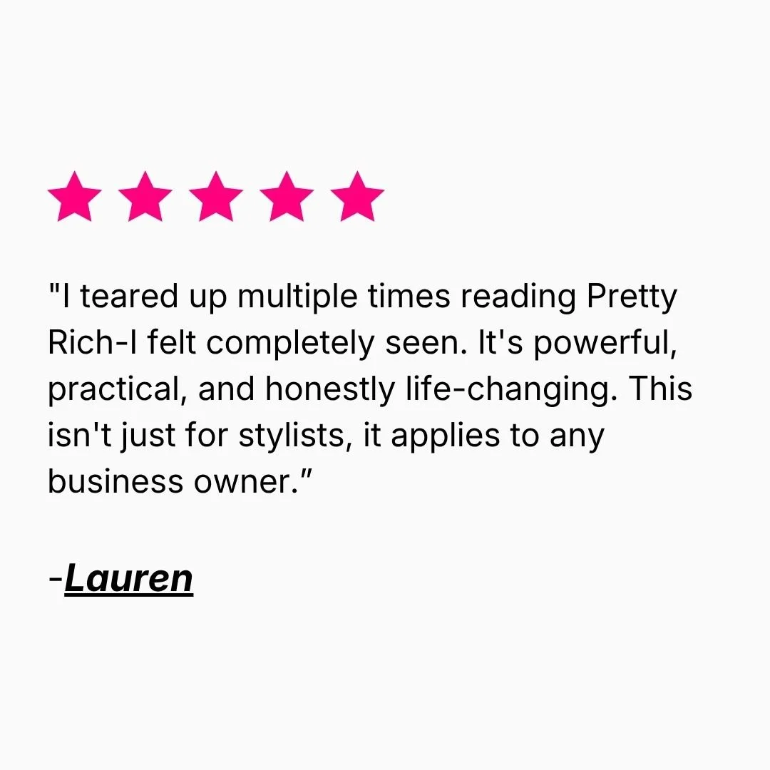 Five pink stars above a testimonial praising the book Pretty Rich as powerful, practical, and life-changing, signed Lauren.
