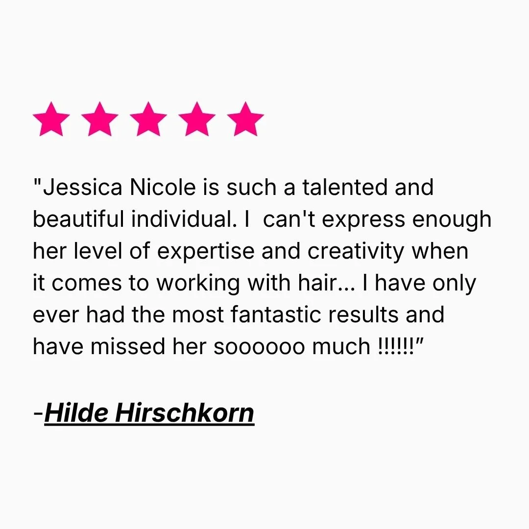 Five-star review from Hilde Hirschkorn praising Jessica’s hair expertise, creativity and consistently fantastic results.