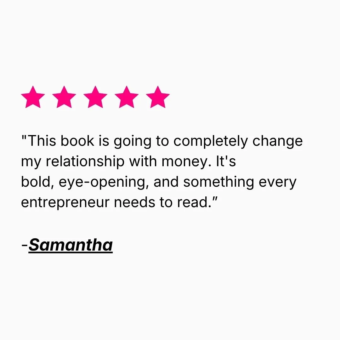 Five pink stars above a testimonial praising a book for changing the reader’s relationship with money, signed Samantha.