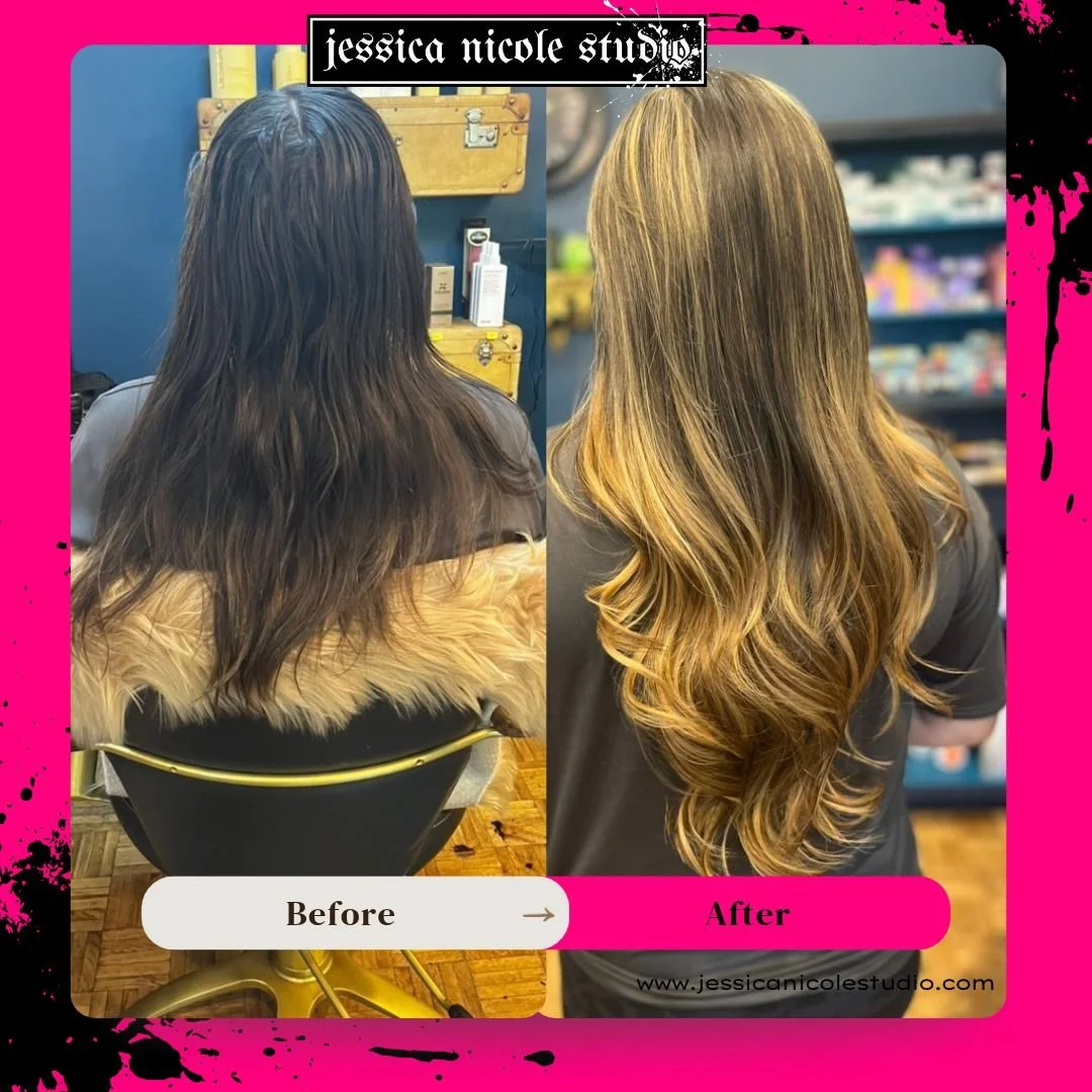 Before-and-after salon photo showing long dark hair transformed into glossy, dimensional caramel-blonde waves by Jessica Nicole Studio