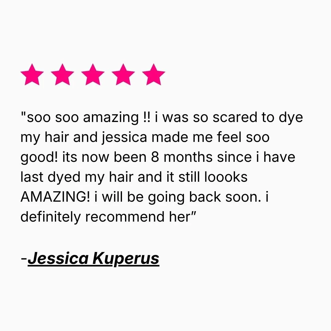 Five-star review from Jessica Kuperus praising her colour results, still looking great eight months later.