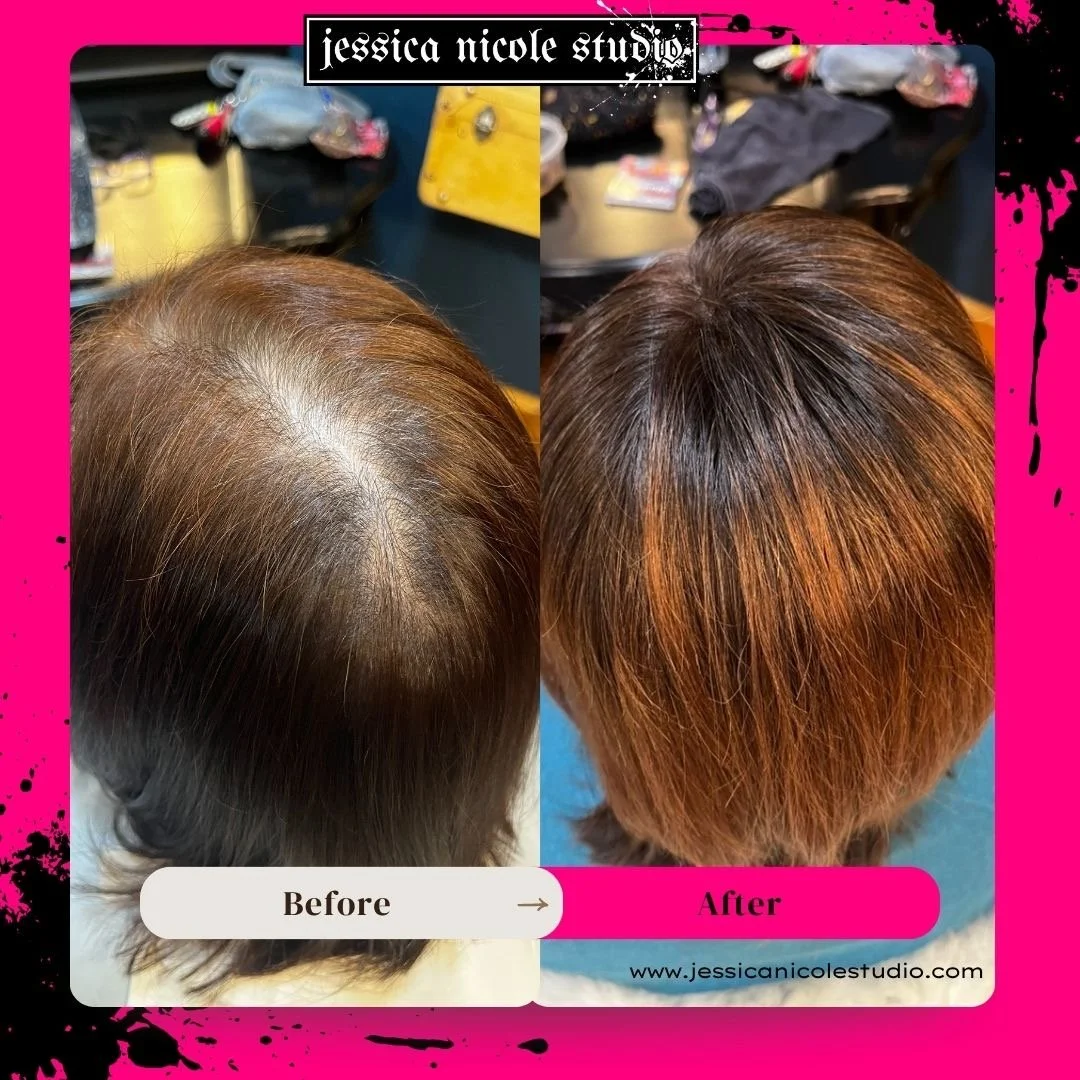 Before-and-after view of brown hair showing visible thinning at the crown before and fuller, warmer-toned hair after a salon treatment.