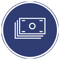Stacked dollar bills icon on a blue circular background.