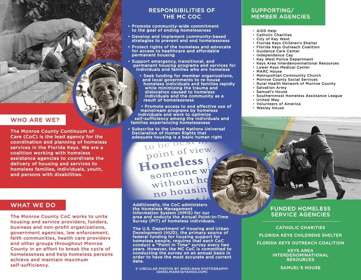 Infographic about homeless services in Monroe County, Florida. Sections detail responsibilities of the Monroe County Continuum of Care, supporting agencies, and their activities, including homeless advocacy, outreach, and resource coordination, with images of people experiencing homelessness.