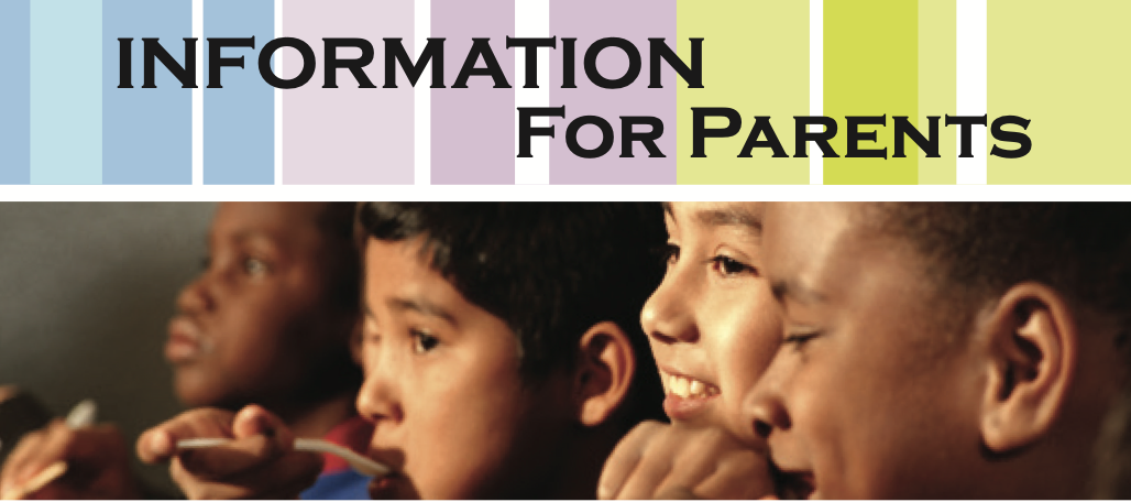 A group of children sitting together, attending a class or event, with the text "Information for Parents" displayed above