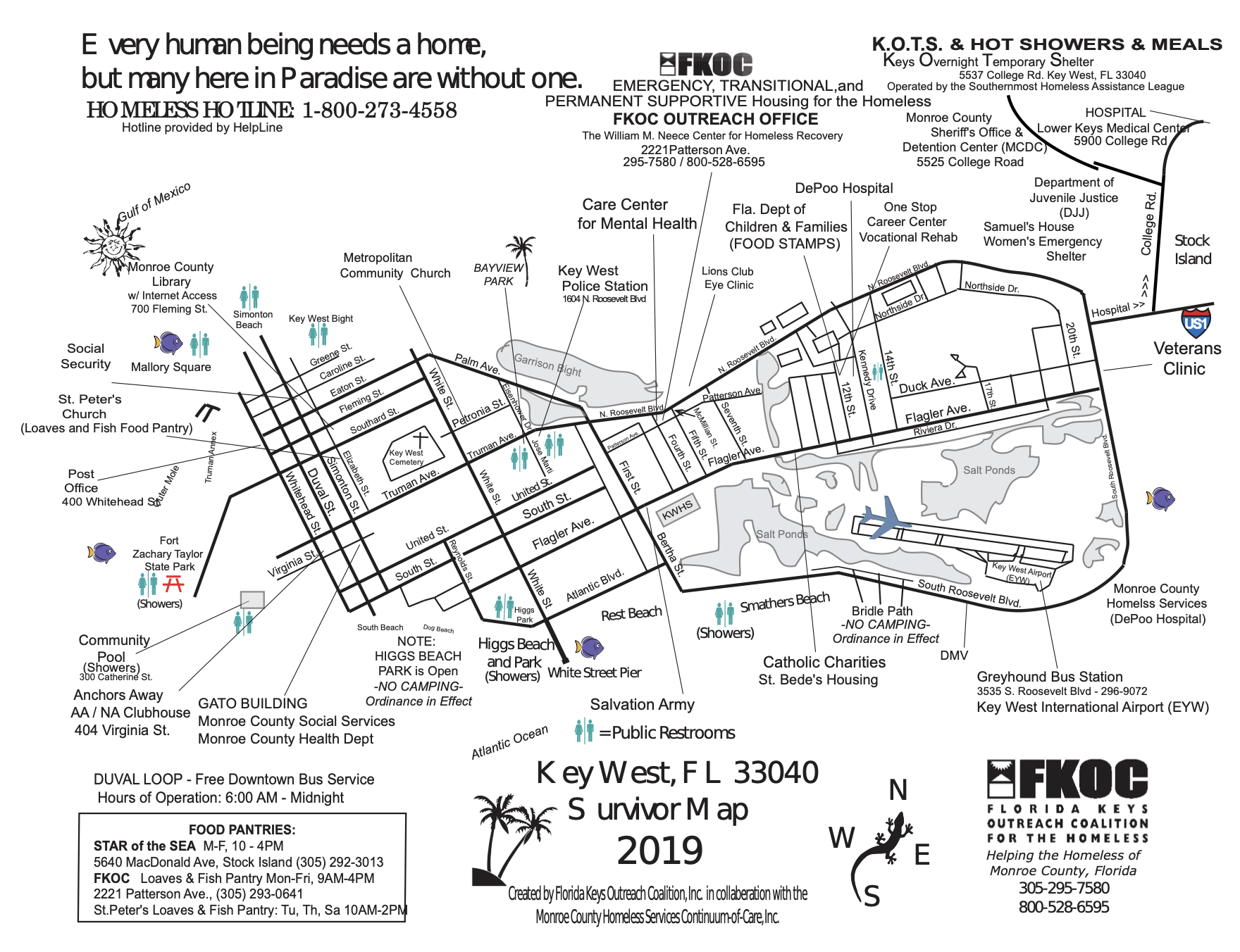 Map of Key West, Florida, showing locations of services and landmarks including homeless shelters, public restrooms, parks, hospitals, and transportation hubs, with streets and area names for navigation.