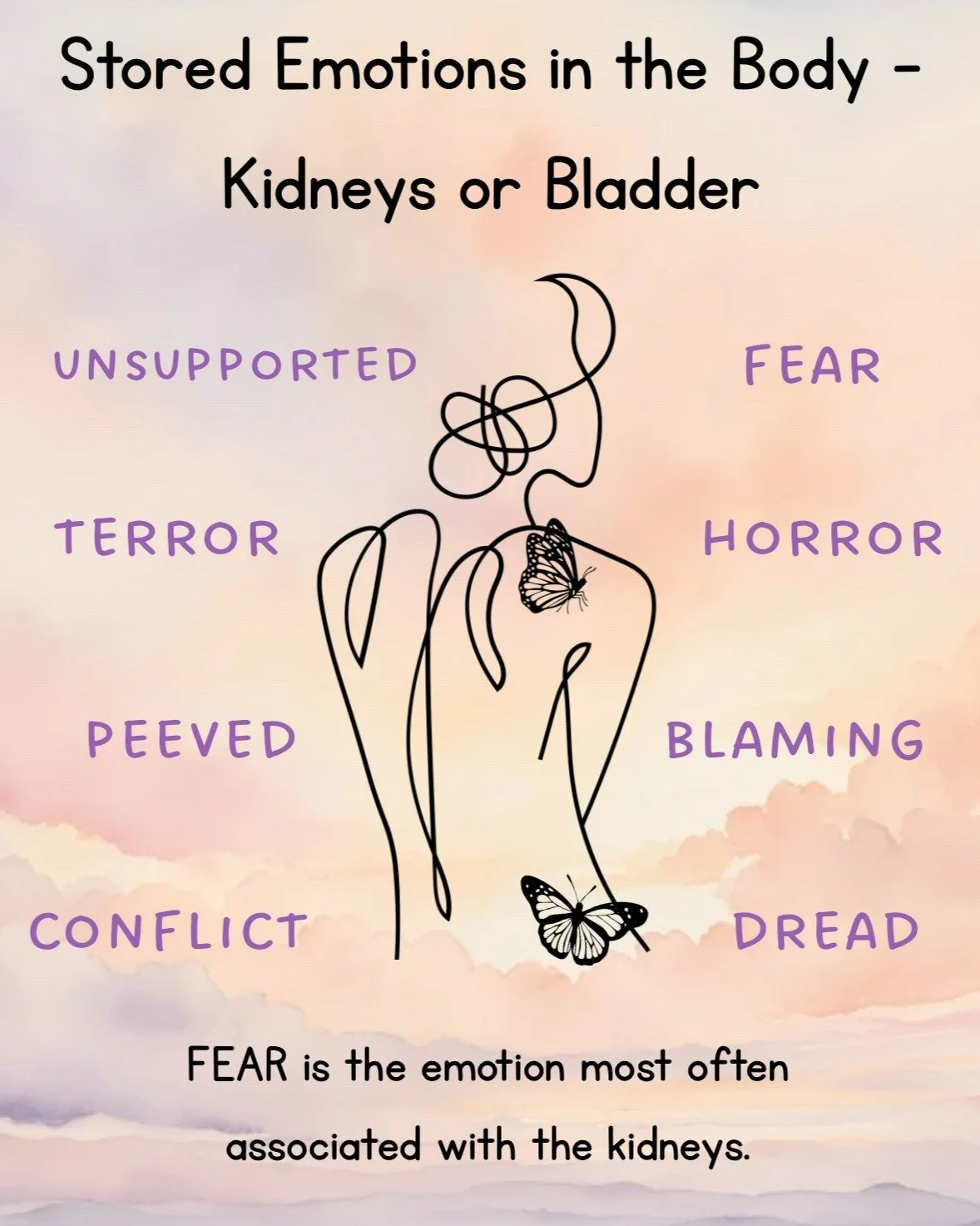 In Traditional Chinese Medicine, organs are connected with specific emotions &ndash; and the emotion most often associated with the kidneys is Fear. 

According to the Emotion Code, emotions such as Blaming, Dread, Fear, Horror, Peeved, Conflict, Cre