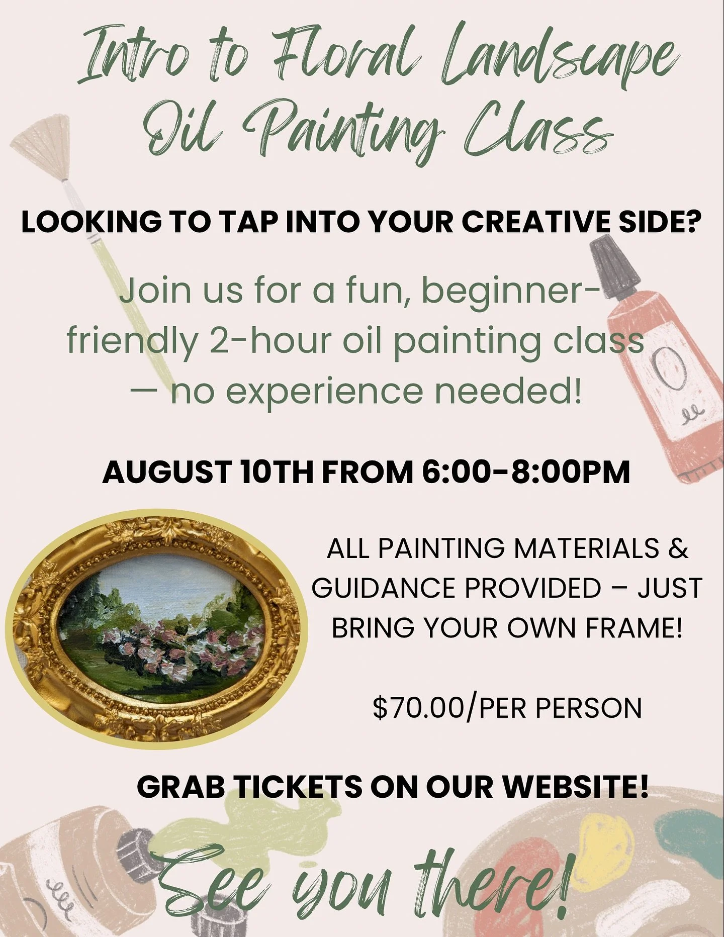New workshop up on the website! All materials included, just bring your own frame! No experience needed, intro level oil painting class. More details on the website, hopefully we&rsquo;ll see you there☺️🎨