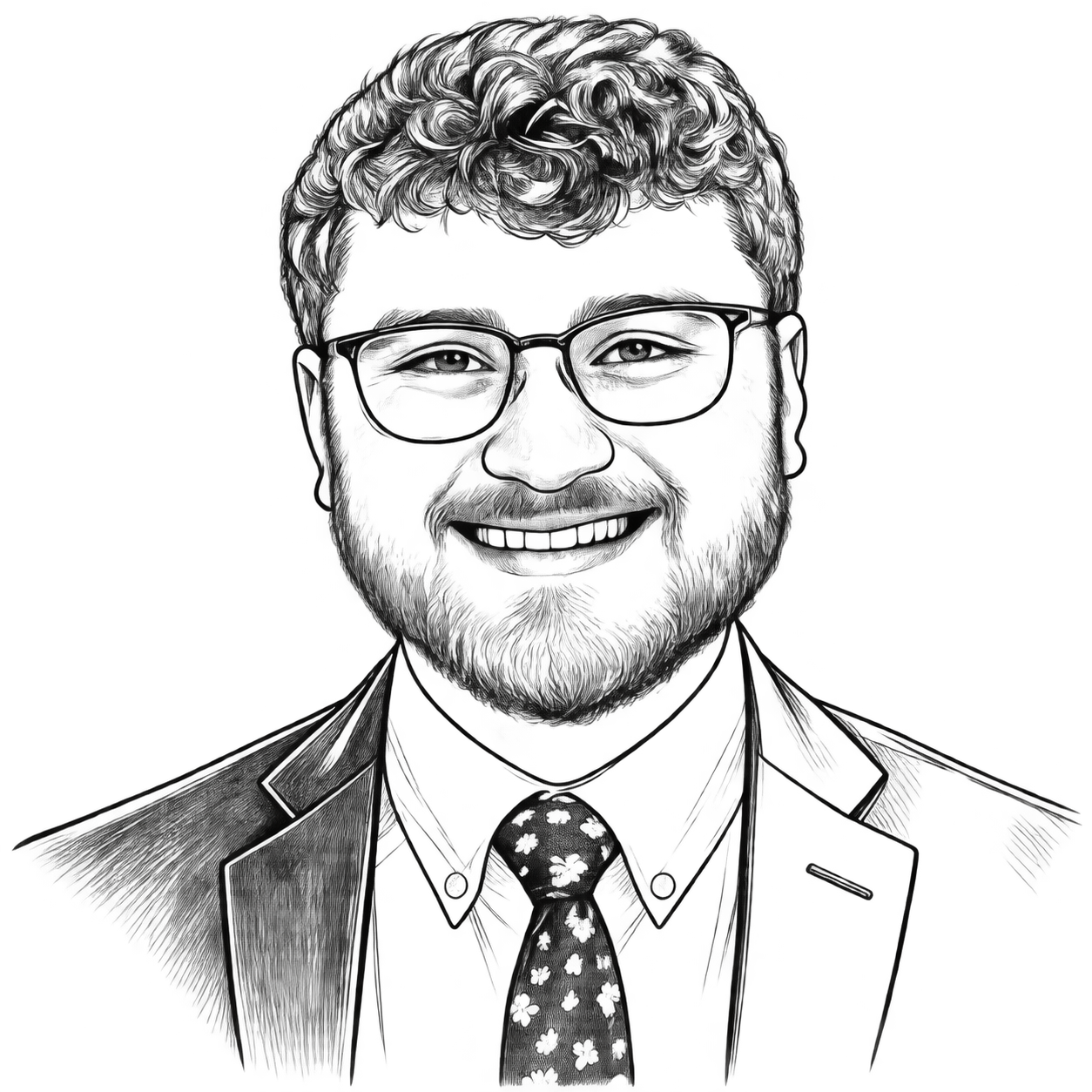 A line drawing of Parker MacIver Hinnenkamp wearing a suit, tie, and glasses.