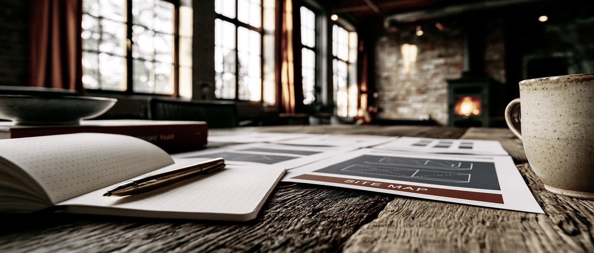 Analog notebook and site map wireframe diagram on a clean wooden table in an industrial loft space