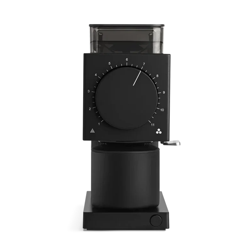 Black coffee grinder with a digital timer and control dial.