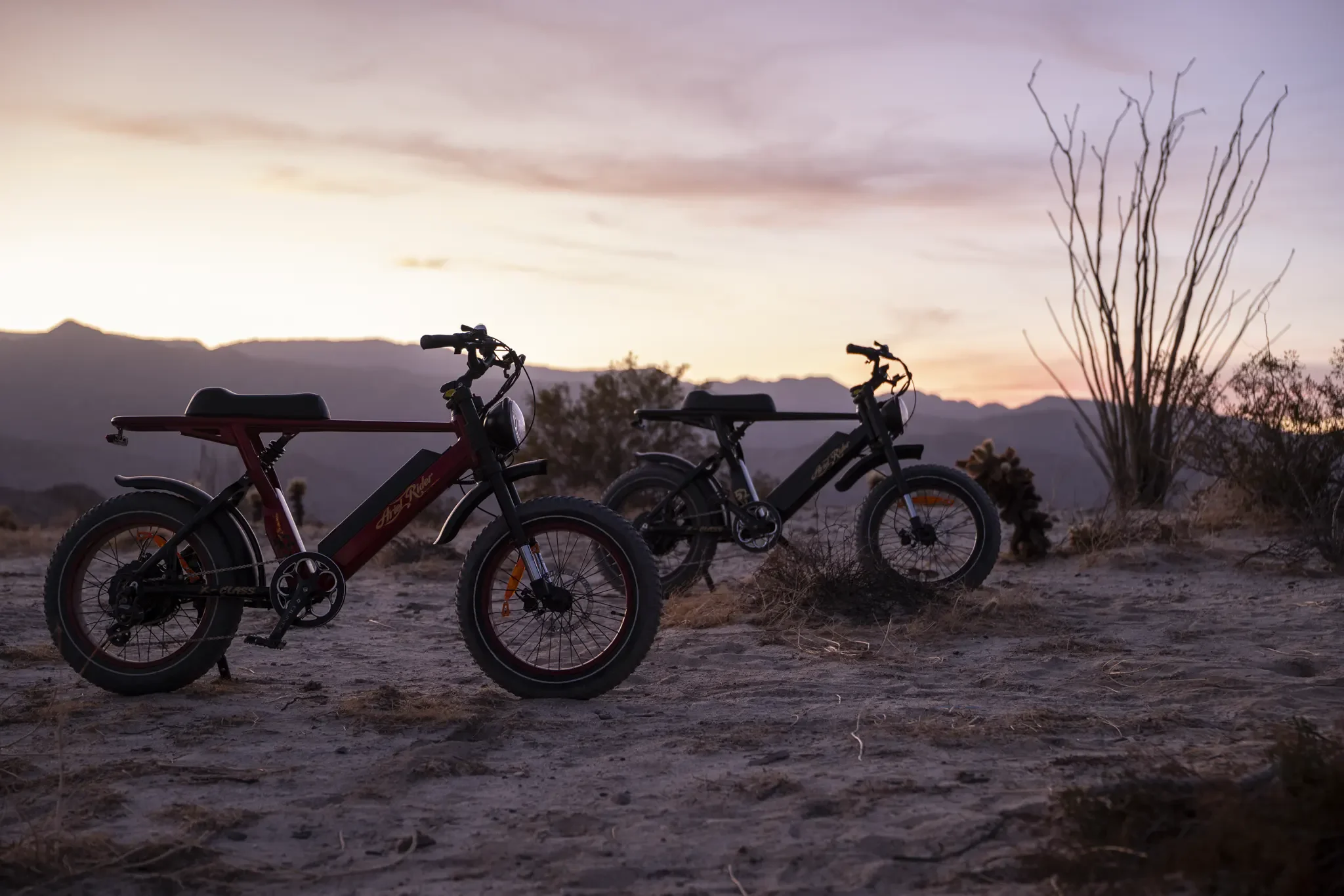 Two mountain bikes are parked on a sandy desert landscape at sunset, with mountains and desert plants in the background.