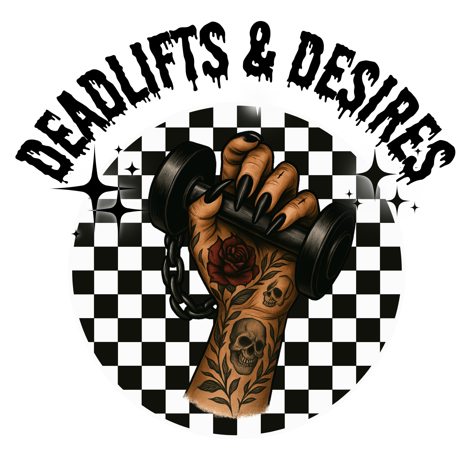 A tattooed hand with black nails holding a chain and black dumbbell, with text in a drippy font saying 'Deadlifts & Desires' behind a checkered background.