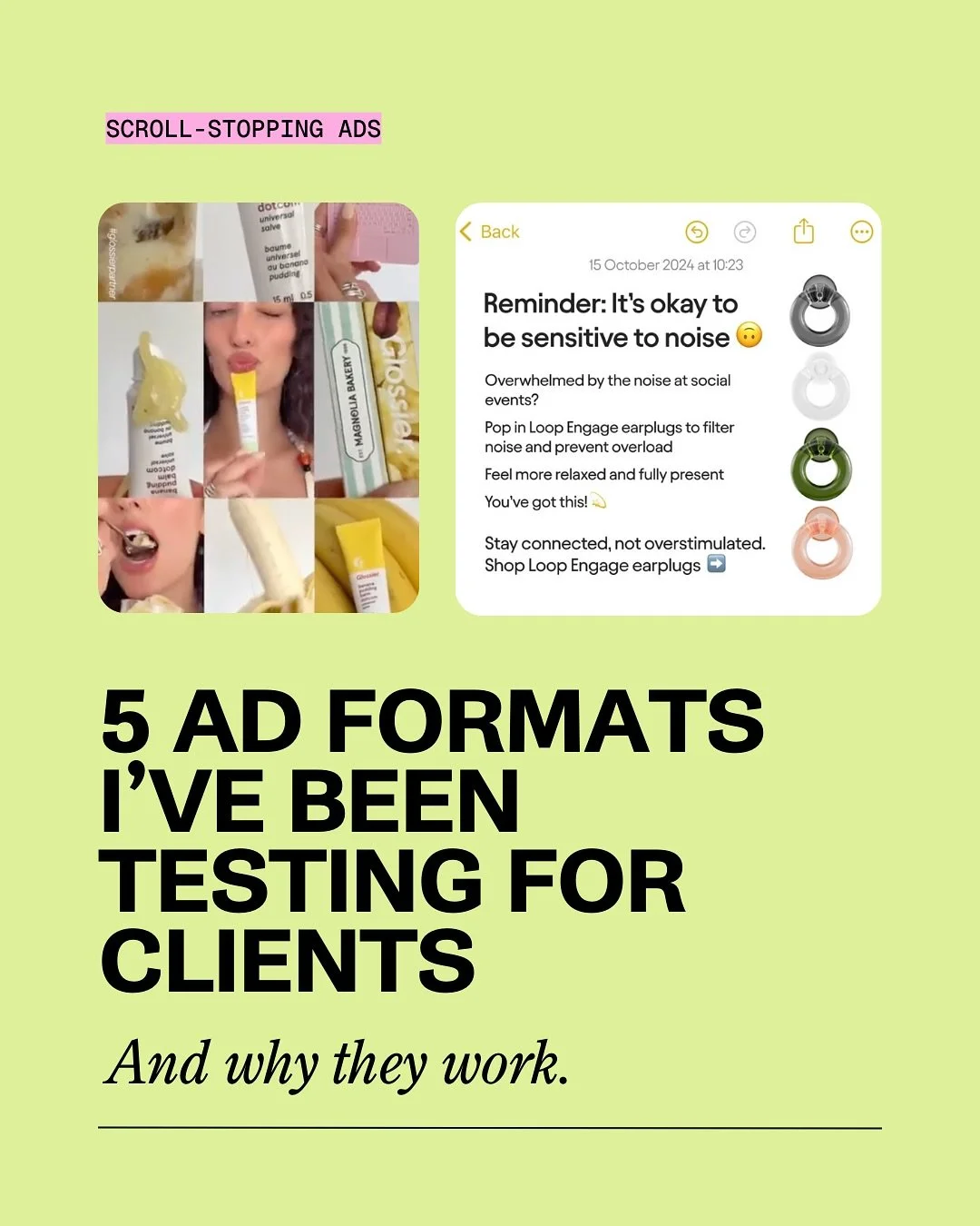 5 ad formats I&rsquo;ve been testing for clients. ✨

Yes, there are only 4 in this carousel and no, it&rsquo;s not a mistake 👀

I cut one. Why? Because I couldn&rsquo;t find a single example of it online. It&rsquo;s something I&rsquo;m currently tes