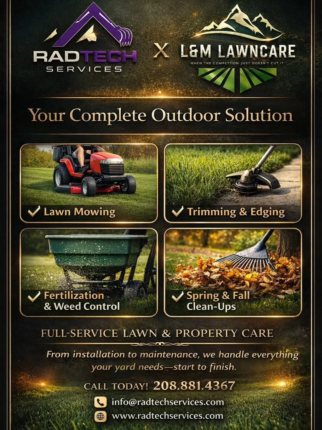 🌿🌱Lawn Care and Maintenance Services:

Lawn mowing
Edging &amp; trimming
Blowing off hard surfaces
Weed control
Fertilization programs
Aeration
Dethatching
Overseeding
Lawn health inspections
Irrigation system checks
Sprinkler adjustments
Seasonal 