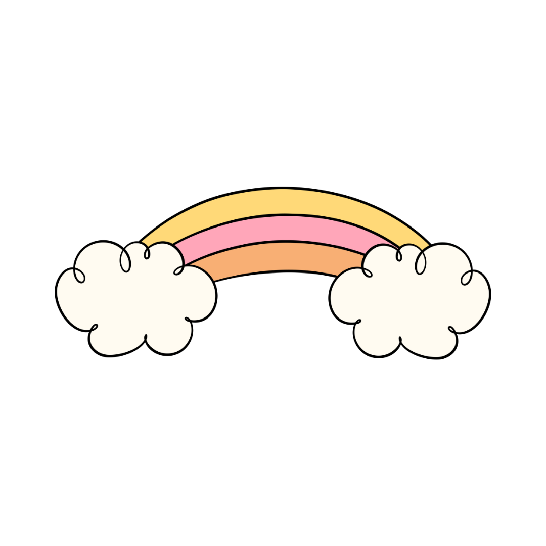 A rainbow with three pastel-colored arcs and two fluffy white clouds on a black background.