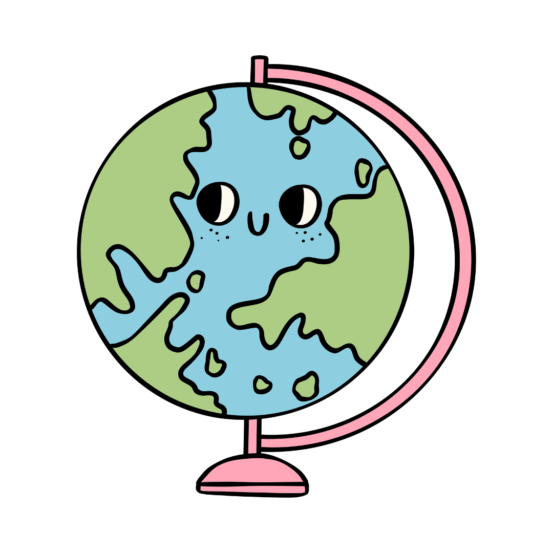 Cartoon depiction of a globe with a smiling face and large eyes, showing landmasses and oceans, mounted on a pink stand.