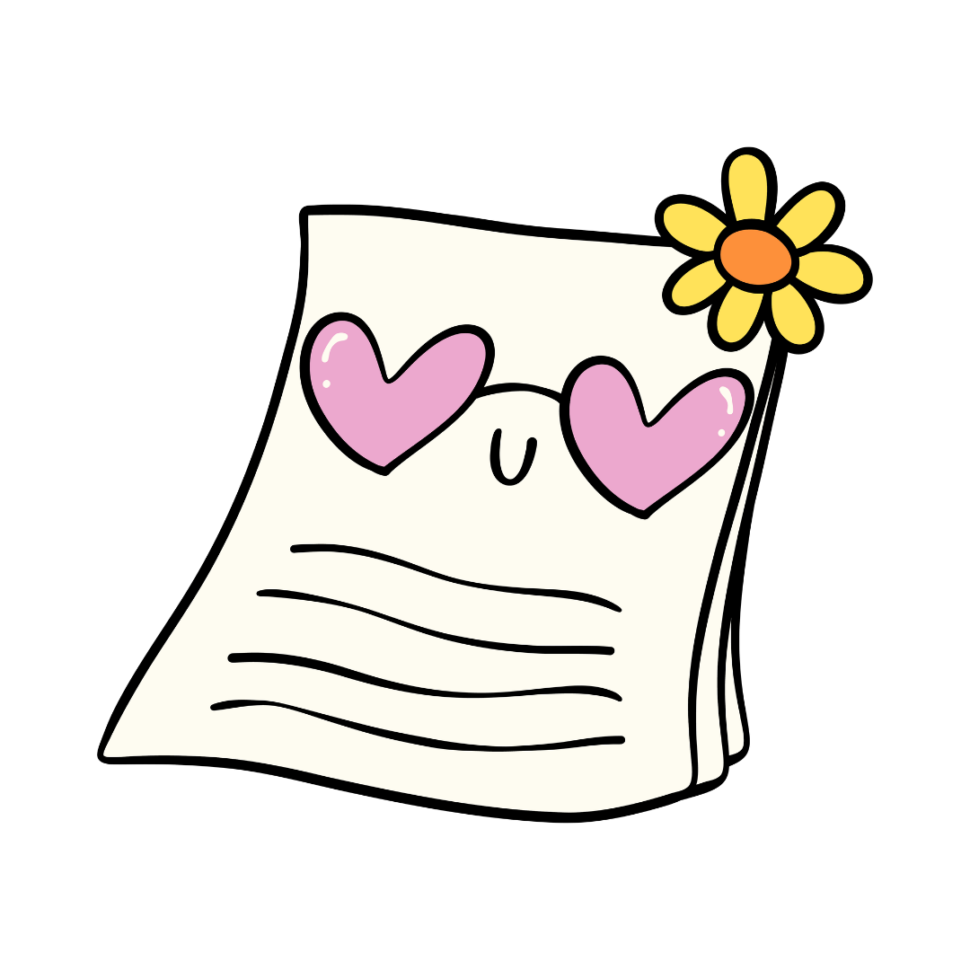 A cartoon illustration of a love letter with a face, featuring pink heart-shaped eyes, a smiling nose, and a flower decoration on the top right corner.
