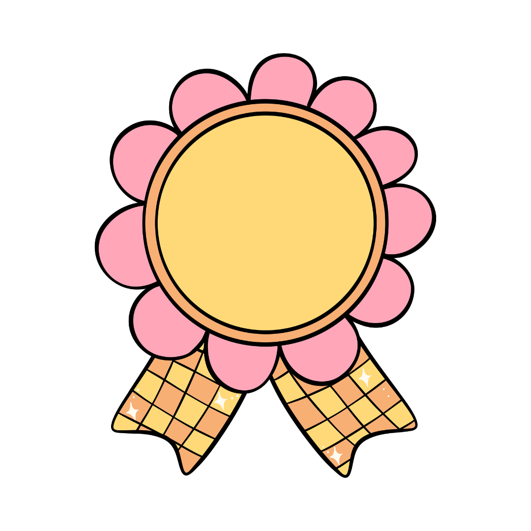 A cartoon-style character with a large yellow circular face surrounded by pink petals, resembling a flower, with two yellow ribbons with a checkered pattern and small white stars hanging below.