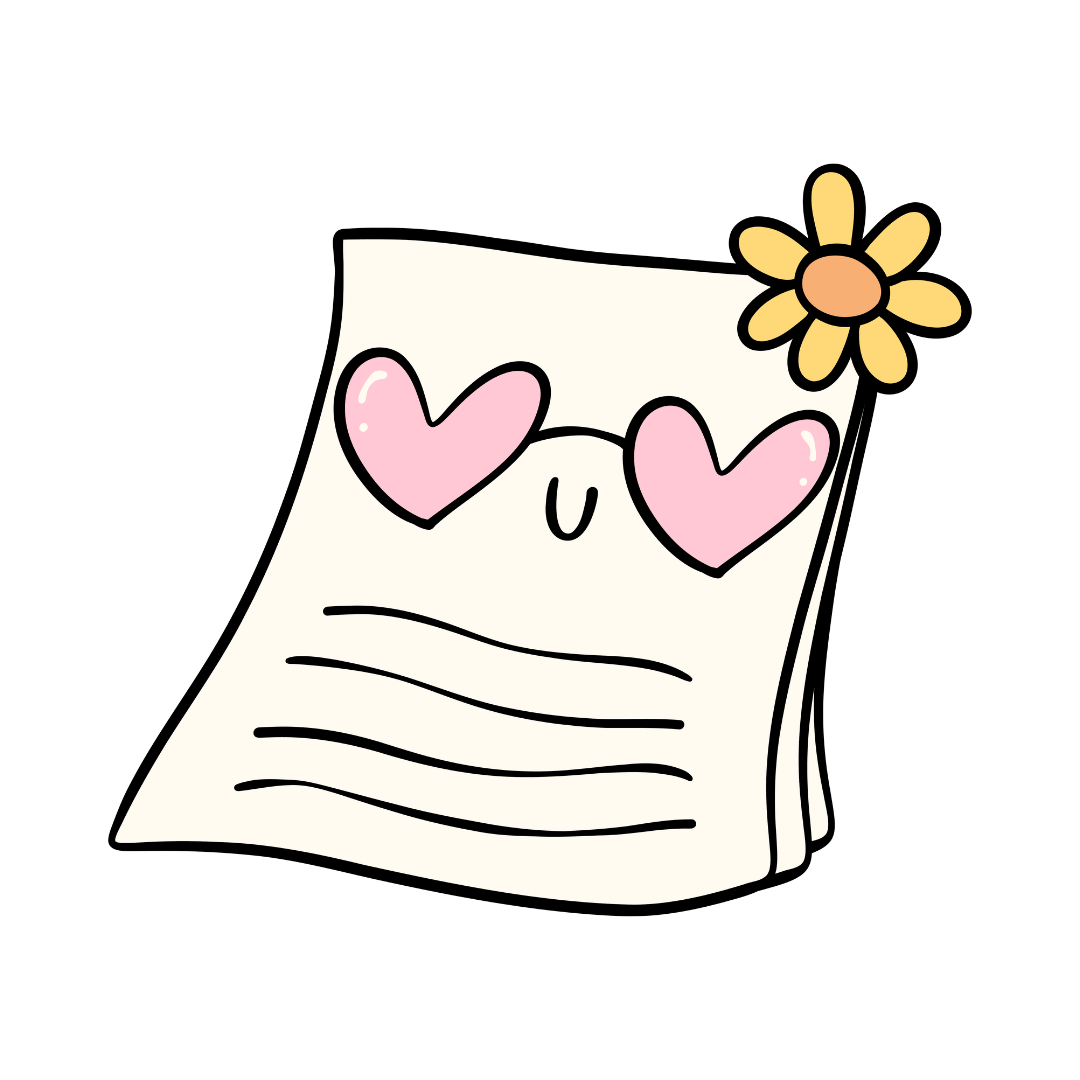 A cartoon illustration of a piece of paper with a face, wearing glasses with pink hearts, and a yellow flower attached at the top right corner.