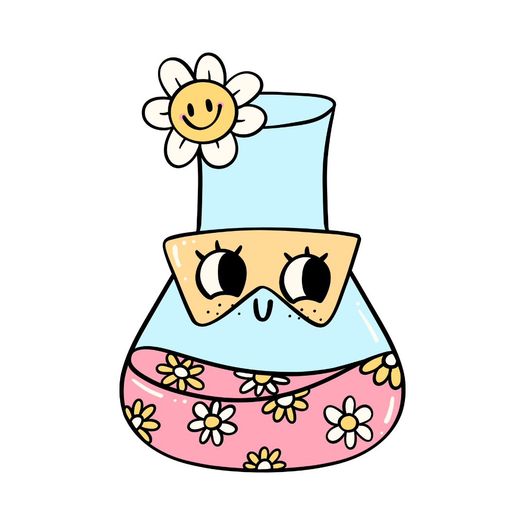 A cartoon character with large eyes, a small nose, and a smiling mouth, wearing a pink floral skirt, a yellowish-beige face mask, a blue top and hat, with a smiling flower attached to the hat.