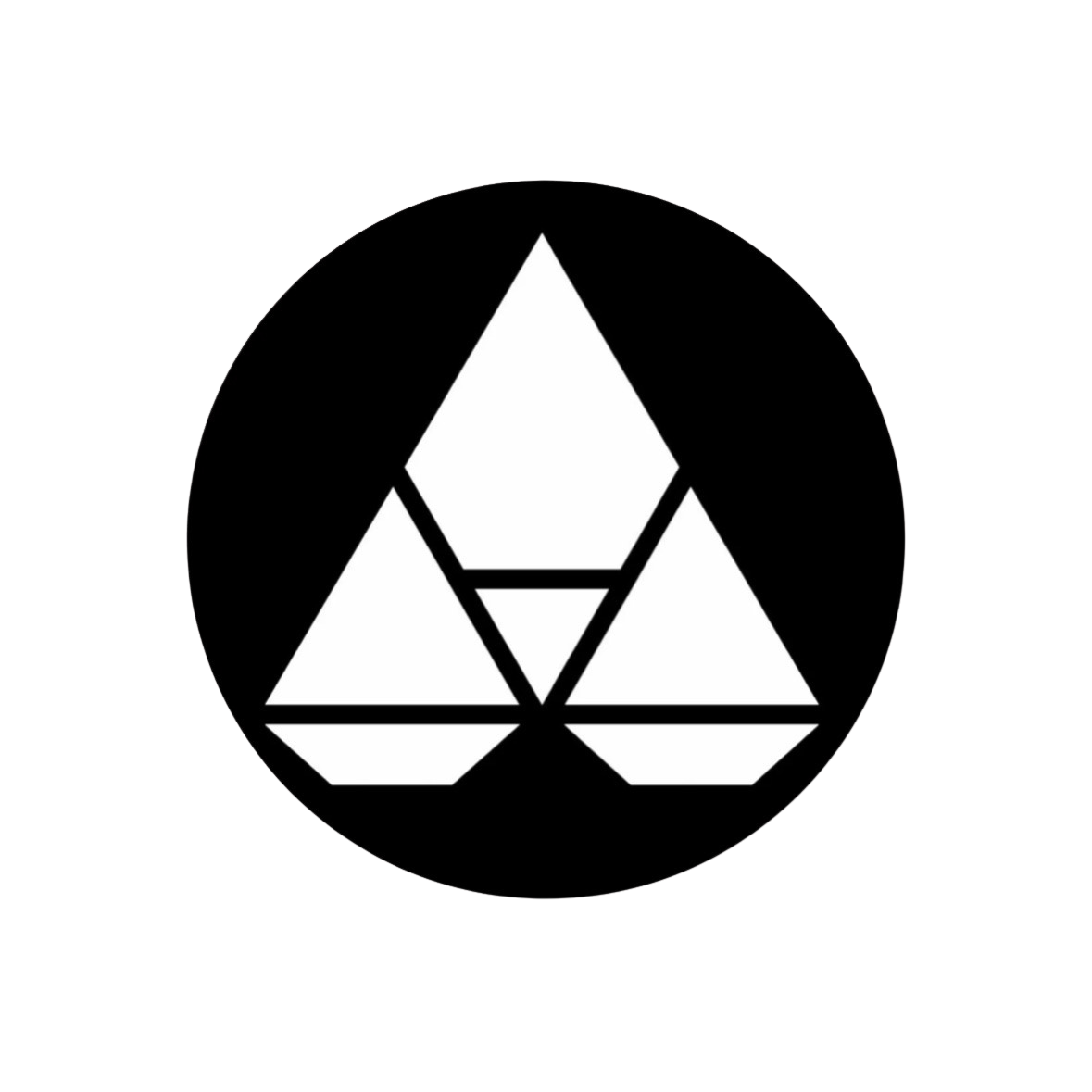 Black and white circular logo with geometric shapes forming a stylized triangular pattern inside.