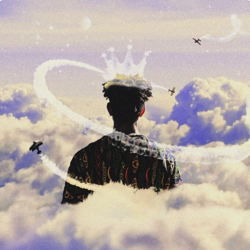 A person with a crown-shaped cloud on their head, surrounded by clouds and airplanes in the sky.
